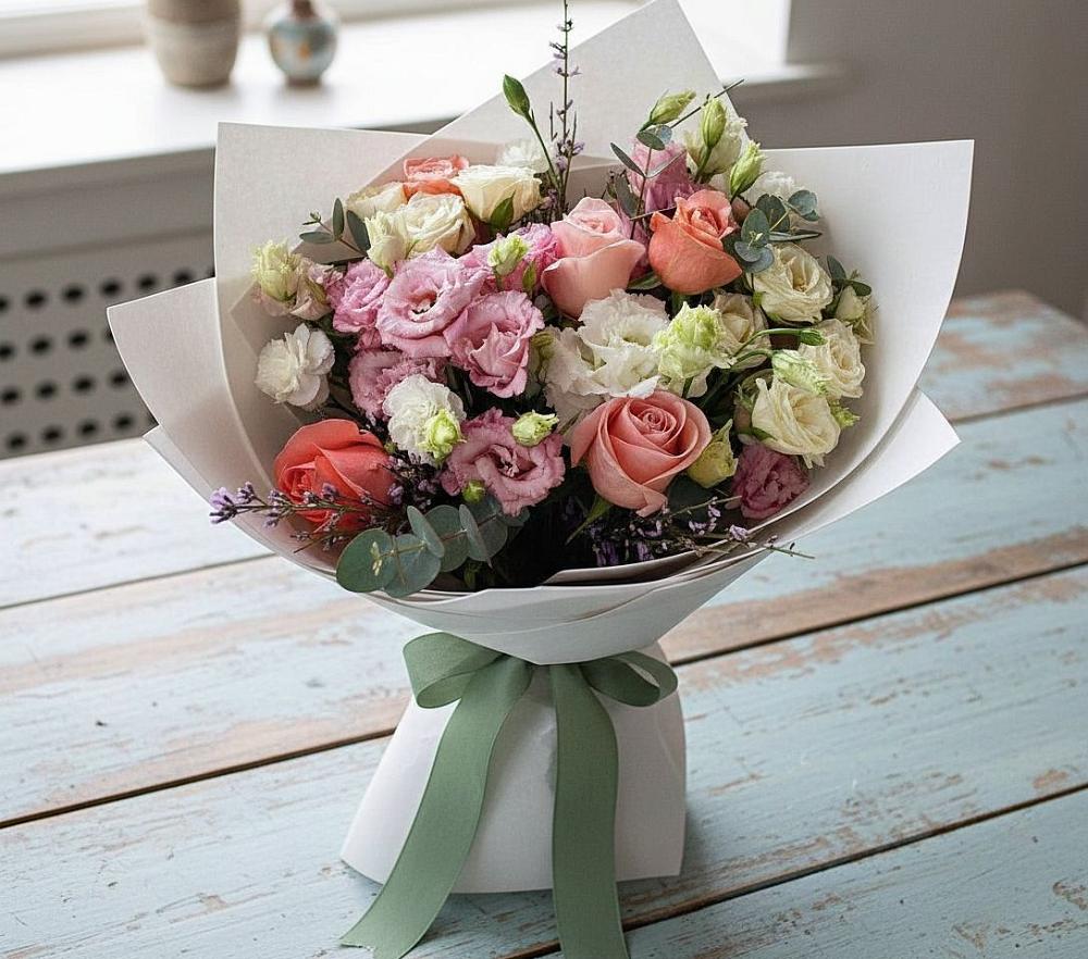 Букет цветов из: Розы, Лизиантусы и Гвоздики в Отрадном Воронежской области