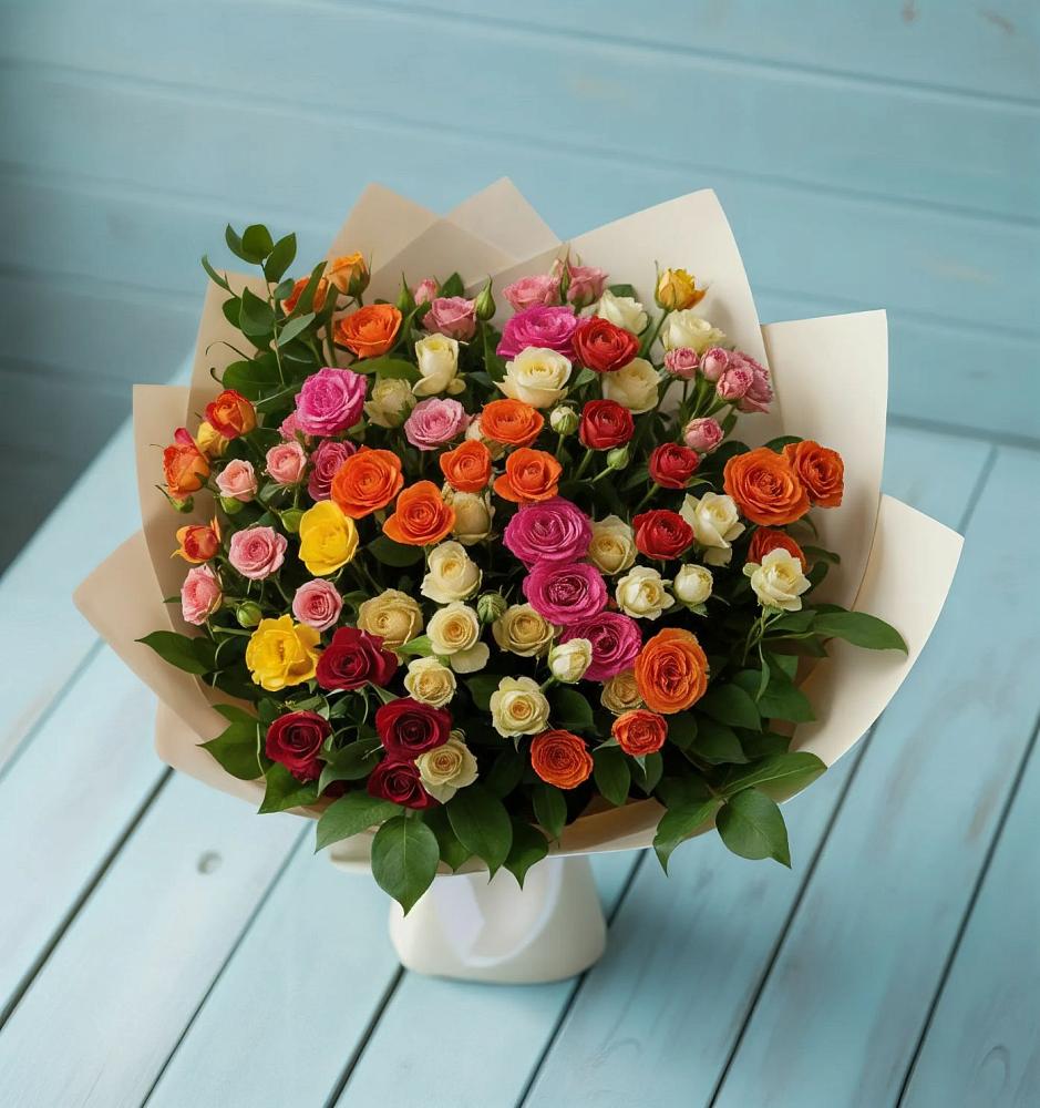 Букет Микс из разноцветных кустовых роз в Отрадном Воронежской области
