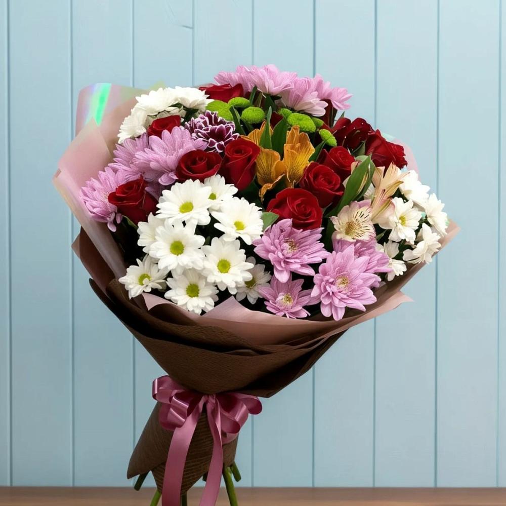 Букет цветов из: Розы, Хризантемы и Альстромерии в Отрадном Воронежской области